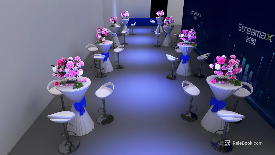 Elegant Bar Counter Setup With White Stools Blue Bows And Pink White Flower Bouquets 3d model 