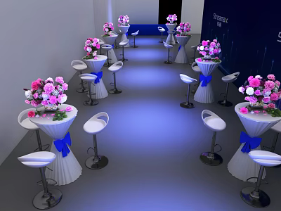 Elegant Bar Counter Setup With White Stools Blue Bows And Pink White Flower Bouquets 3d model