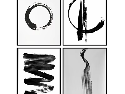 Black And White Abstract Ink Brush Wall Art Set Of Four Modern Prints 3d model