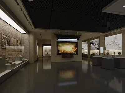 Cultural Center Interior Design With Display Cases Wall Paintings And Large Screen 3d model