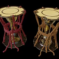 Two Traditional Musical Drums With Golden Painted Art And Red Brown Rope Decorations