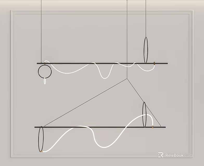 Modern Geometric Chandelier Design With Hanging Metal Bars And Curved Lines 3d model 