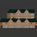 Cartoon Style Houses With Green Roofs Wooden Structures And Bright Windows Arranged In Rows
