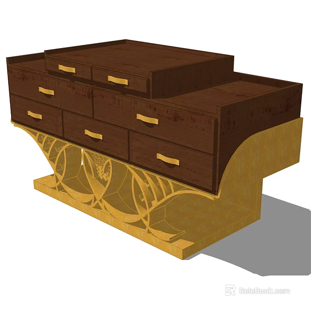 Dark Brown Console Side Cabinet With Multiple Drawers And Golden Decorative Base 3d model 