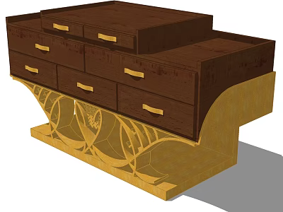 Dark Brown Console Side Cabinet With Multiple Drawers And Golden Decorative Base 3d model