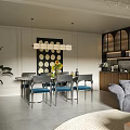 Modern Living And Dining Room Interior With Gray Sofa Striped Armchair And Chandelier