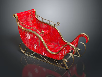 Red Decorative Playground Sleigh With Golden Decorations And Snowflake Patterns On Metal Frame 3d model