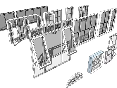 Various Window Designs With Frames Glass Panels And Open Close Mechanisms 3d model