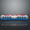 Blue And White Tram Model With Red Top Structure And Windows On Reflective Surface 3d model