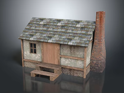 Traditional Residential House With Tiled Roof Wooden Door Brick Chimney Stone Walls And Wooden Steps 3d model