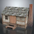 Traditional Residential House With Tiled Roof Wooden Door Brick Chimney Stone Walls And Wooden Steps