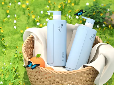 Light Blue Liquid Soap Bottles in Wicker Basket with White Cloth Grass Flowers and Butterflies 3d model