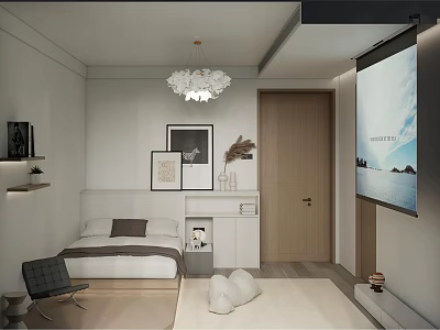 Cozy Tatami Bedroom Interior With Modern Chandelier Decorative Paintings TV And Chair 3d model