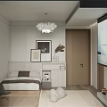 Cozy Tatami Bedroom Interior With Modern Chandelier Decorative Paintings TV And Chair