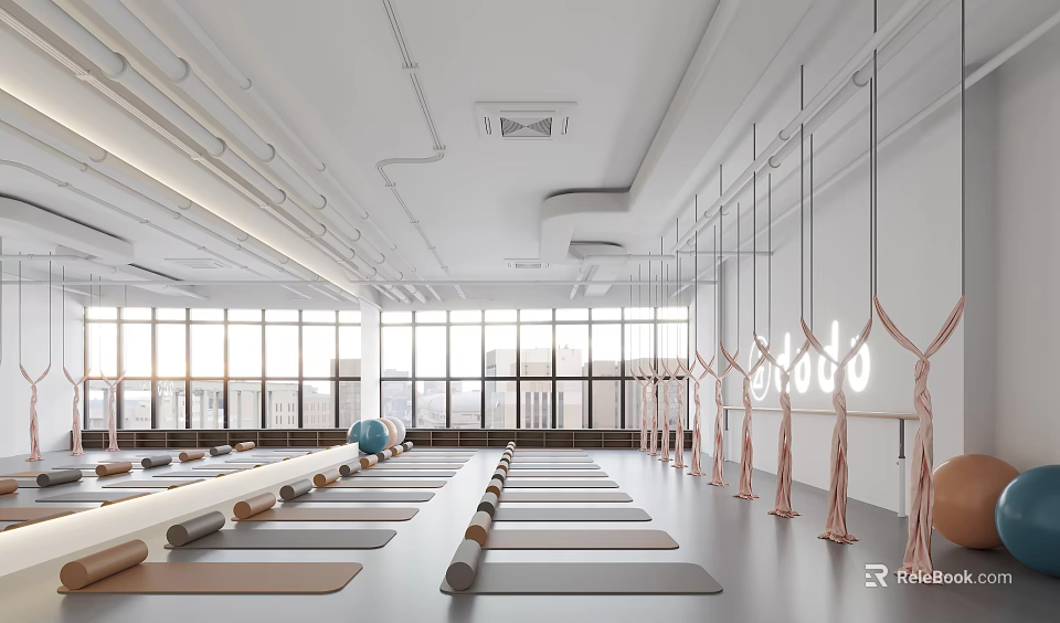 Yoga Studio With Mats Ballet Barres In Bright Space 3d model 