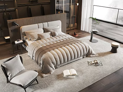 Modern Bedroom With Upholstered Headboard Area Rug Accent Chair Floor-to-Ceiling Windows And Potted Plant 3d model