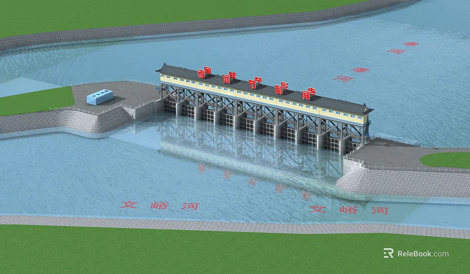 Traditional Style Sluice Gate on Wenfeng River With Water Gates and Dam Structure 3d model 