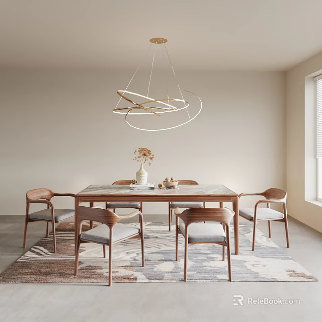 Modern Dining Room Wooden Table And Chairs Set With Circular Chandelier Area Rug And Window 3d model 
