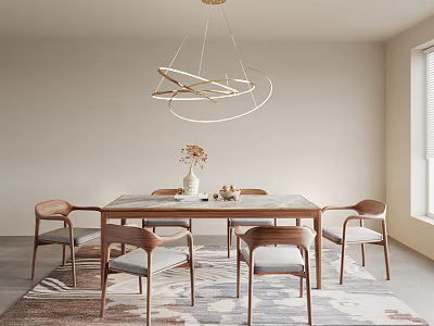 Modern Dining Room Wooden Table And Chairs Set With Circular Chandelier Area Rug And Window 3d model