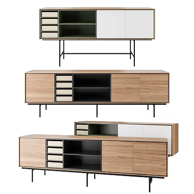 Modern Wooden TV Stand With Storage Drawers Open Shelves And Black Metal Legs 3d model