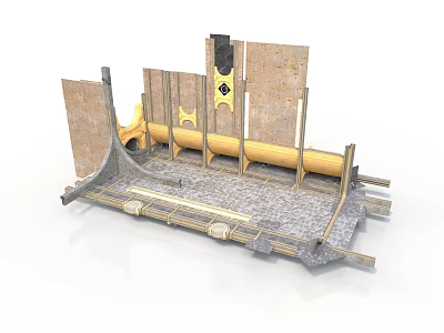 Traditional Architectural Structural Components With Wooden Frame Stone Floor And Curved Beams 3d model