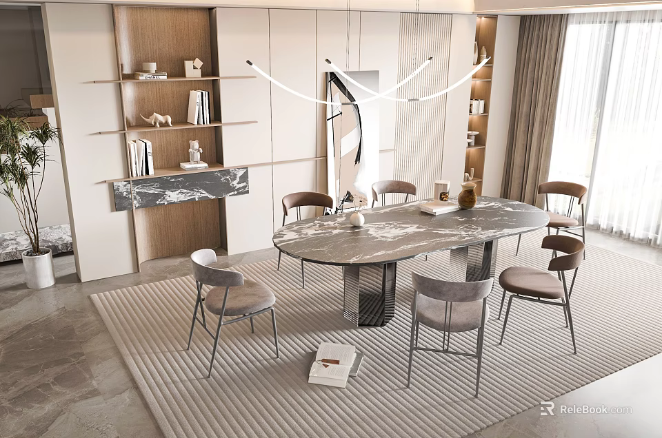 Modern Dining Table Set With Marble Top Gray Chairs And Striped Rug 3d model