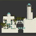 Mediterranean Style White Architecture Model With Blue Domes Tower Palm Trees And Balconies