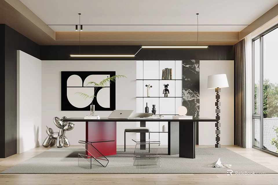 Modern Home Office Interior With Wooden Desk Comfortable Chair Bookshelf Pendant Lights And Green Plant 3d model 