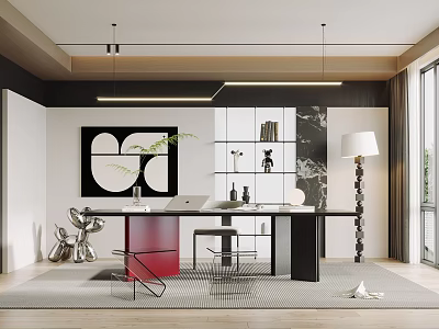 Modern Home Office Interior With Wooden Desk Comfortable Chair Bookshelf Pendant Lights And Green Plant 3d model