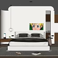 Modern Bedroom Interior Design With White Bed Black Bedding Colorful Wall Painting And Large Windows