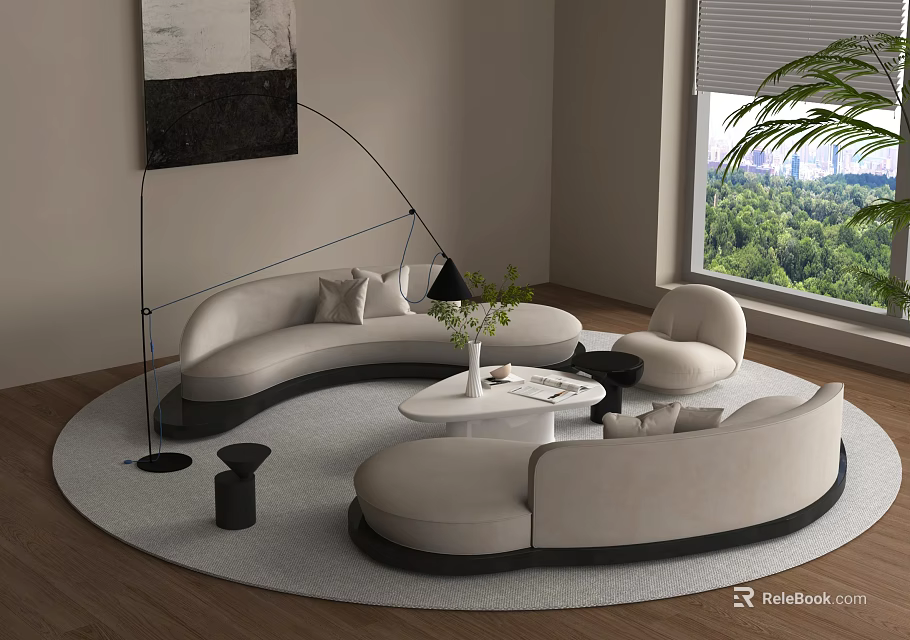 Modern Curved Sectional Sofa in Living Room with Round Coffee Table Green Plant and Lamp 3d model 
