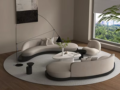 Modern Curved Sectional Sofa in Living Room with Round Coffee Table Green Plant and Lamp 3d model