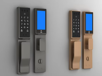 Smart Door Handles With Digital Keypad And Screen In Grey And Gold 3d model