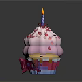 Pink Frosted Cupcake With Red Heart Sprinkles And Lit Candle On Layered Liner