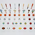 Various Sports Equipment Collection Including Baseball Bats Rackets And Balls