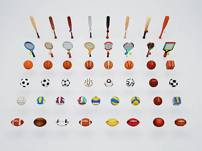 Various Sports Equipment Collection Including Baseball Bats Rackets And Balls 3d model