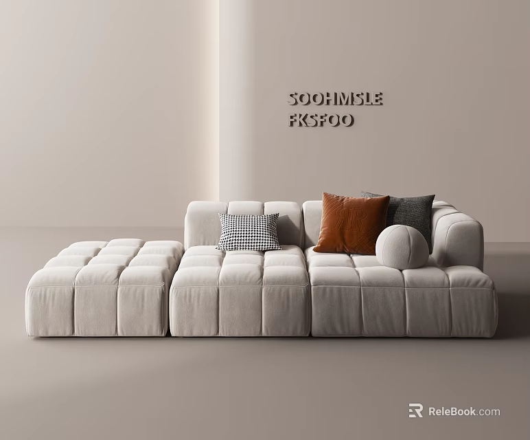 Modern Beige Modular Sectional Three-seater Sofa With Plush Cushions And Colorful Accent Pillows 3d model 