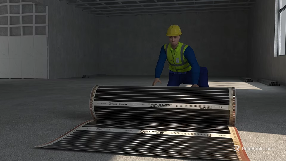 Construction Site Worker Installing Floor Heating System With Safety Gear 3d model