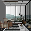 Villa Balcony With Rattan Chairs Coffee Table Rug Potted Plant Stone Decor And Lake View