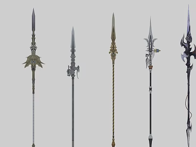 Ancient Weapon Display Of Five Decorative Spears With Intricate Designs And Craftsmanship 3d model