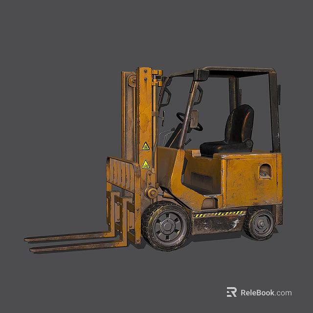 Yellow Industrial Forklift With Cab Seat Warning Sign And Lifting Tines 3d model 