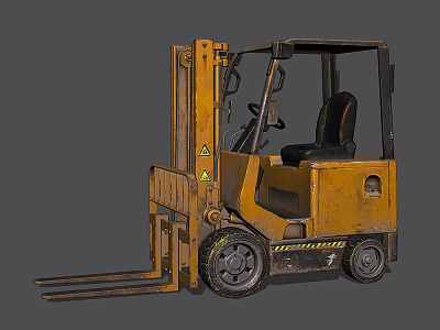 Yellow Industrial Forklift With Cab Seat Warning Sign And Lifting Tines 3d model