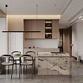 Modern Dining and Living Room Interior Design With Marble Island Table Chairs And Cabinets