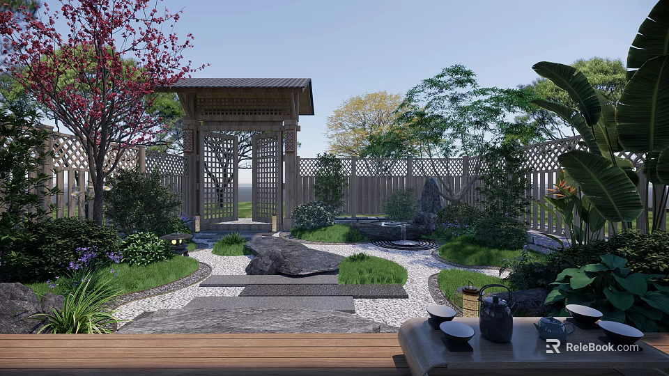 Traditional Zen Garden Landscape Design With Wooden Pavilion Rockery Stone And Lush Plants 3d model 