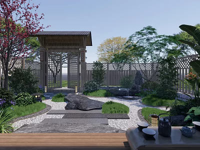 Traditional Zen Garden Landscape Design With Wooden Pavilion Rockery Stone And Lush Plants 3d model