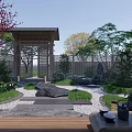 Traditional Zen Garden Landscape Design With Wooden Pavilion Rockery Stone And Lush Plants
