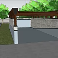 Modern Pergola Roof Structure With Wooden Beams Brick Walls And Supporting Columns