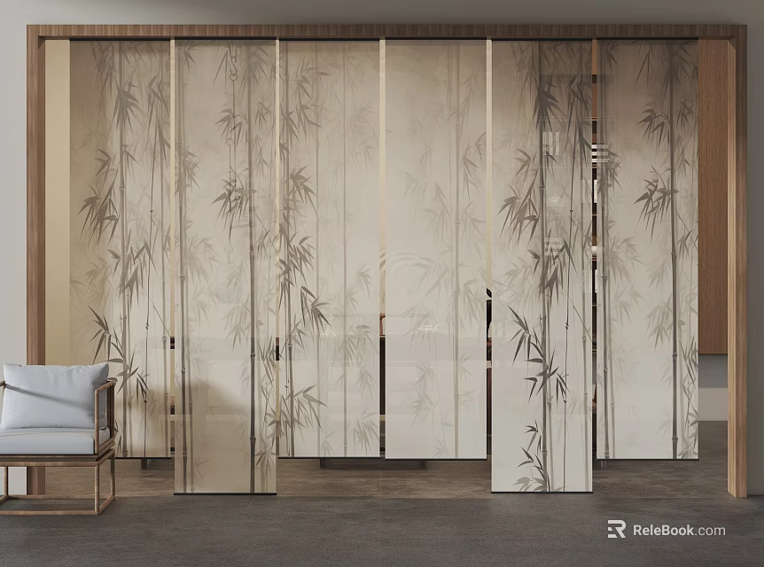 Oriental Style Room Divider With Bamboo Pattern And Wooden Frame Design 3d model 