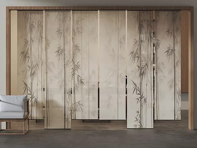 Oriental Style Room Divider With Bamboo Pattern And Wooden Frame Design 3d model