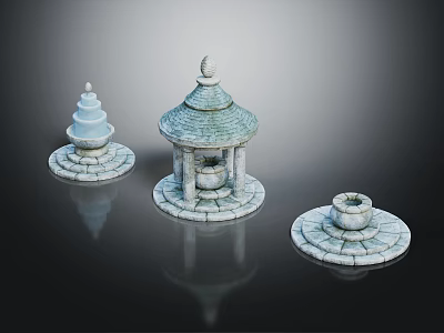 Stone Crafted Garden Ornaments With Dome Pavilion Conical Top Basin Like Structure And Circular Bases 3d model